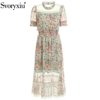 

Svoryxiu Elegant Rose Flower Print Lace Summer Holiday Chiffon Dress Women's Puff Sleeve Elastic Waist Runway Fashion Dresses