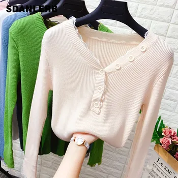 

Button V-neck Long Sleeve Stretch Sweater Female Autumn Lace Cuff Sweater Girls Ladies All-match Knitting Shirt Sweter Pull