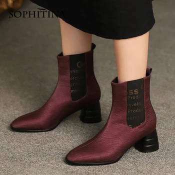 

SOPHITINA New Women's Shoes Autumn Winter Text Decoration Chelsea Ankle Boots Round High Heel Small Square Toe Women Boots SO639