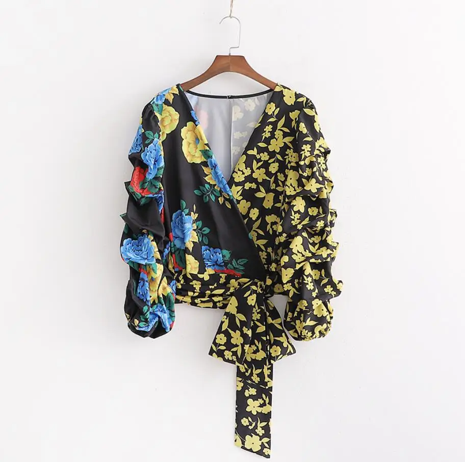 

Fashion Women Flower Printing Splicing V Neck Wrap Shirt 2019 Autumn Leisure Lady Wrinkle Sleeve Blouse Loose Tops