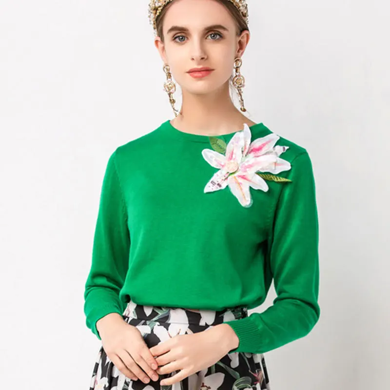 

New Runway Fashion Designer Sweater Women's High Quality Lilies Appliques Wool Sweater Top Shirts