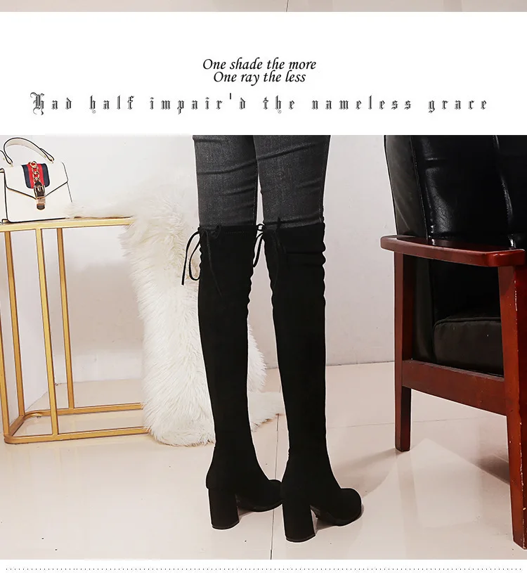 Thick Heels lace up thigh high boots women over knee stretch knight martin botas winter warm shoes pointed long chelsea botines