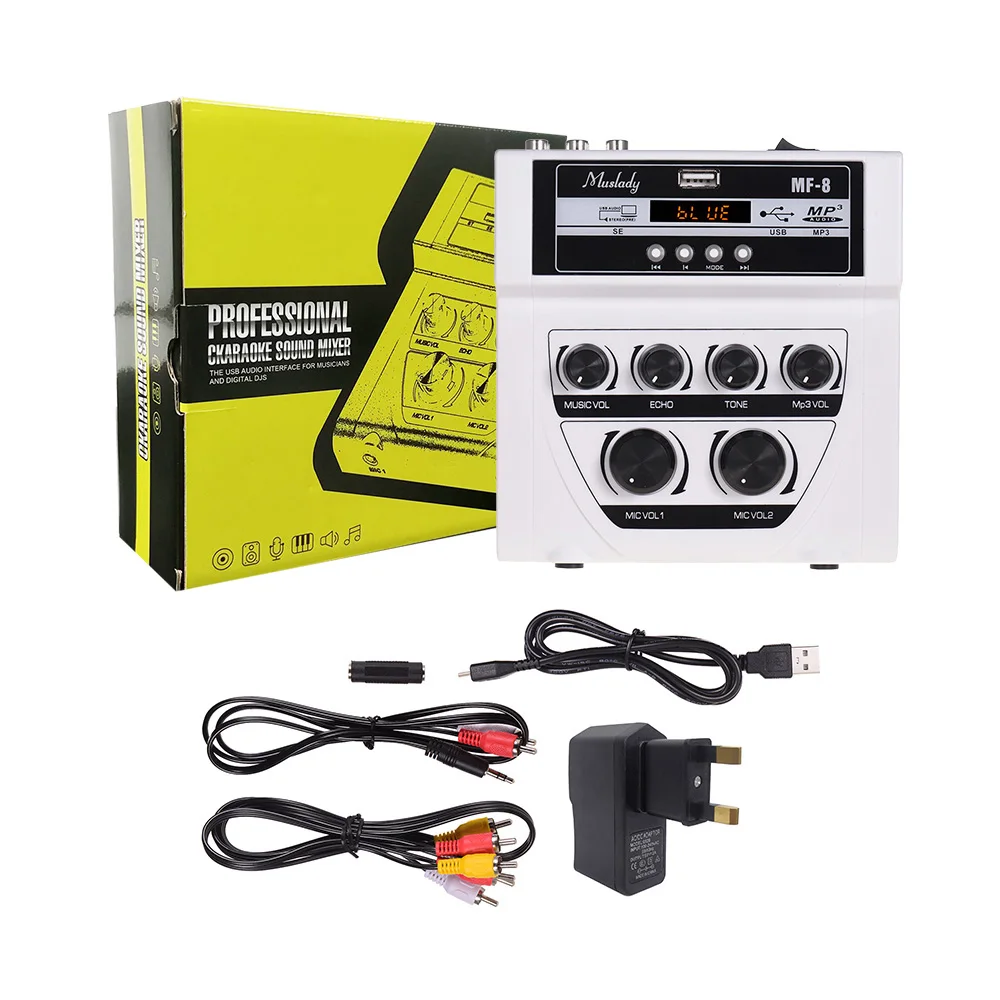 Muslady MF-8 мини Караоке звук аудио микшер стерео эхо смесители Двойной микрофон входы поддержка BT Запись MP3 функция Лидер продаж - Цвет: White  UK Plug