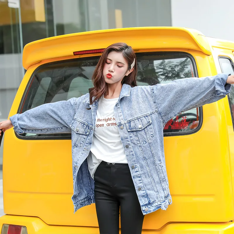 

Jeans Coat Women's 2019 Autumn New Style with Holes Printed Letter Jacket Mid-length Loose-Fit BF Style Tops
