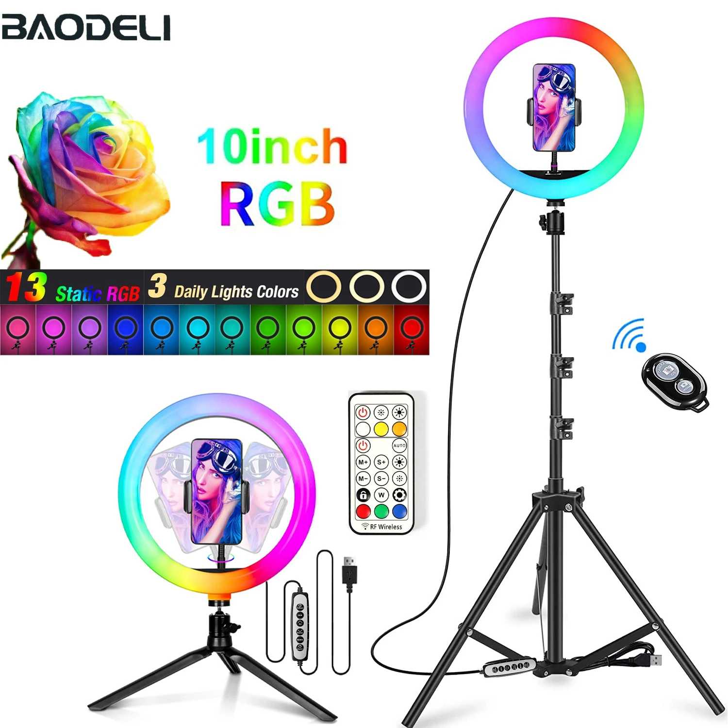 Anillo de luz LED para Selfie, trípode para fotografía, soporte para teléfono, lámpara de relleno circular, maquillaje Trepied, 10 pulgadas, RGB