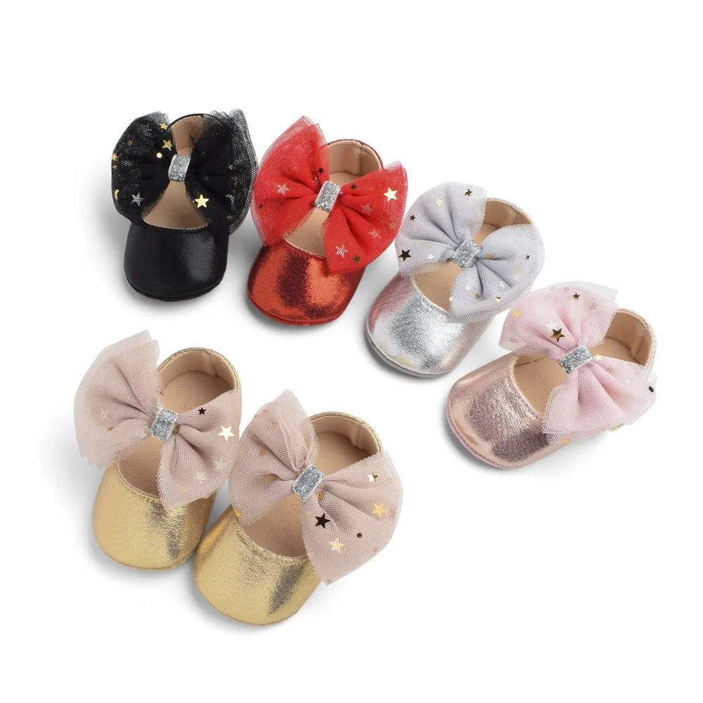 Zapatos de vestir de princesa para niña, suela suave, lazo, Mary Jane, planos, antideslizantes, con lentejuelas de estrellas
