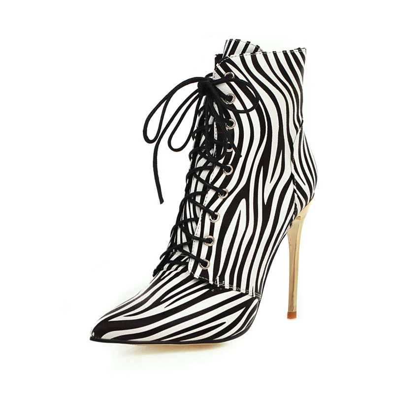 

Sexy Striped Leopard Snake Skin High Heel Ankle Boots for Women Fashion Fall Winter Pointed Toe Cross-Tied Shoes Woman Booties