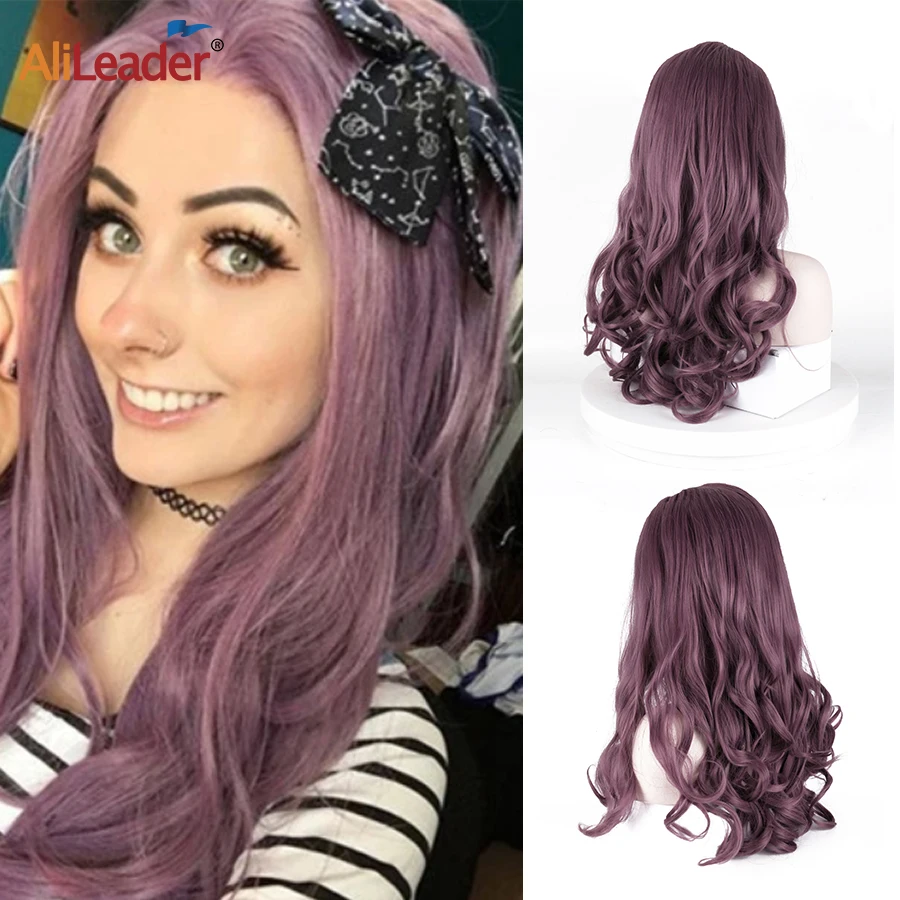 

Alileader 24"Lace Front Wig Colorful Wigs For Women Synthetic Ocean Wave Lace Wig Cosplay Afro Long Hair Middle Part Pink Violet
