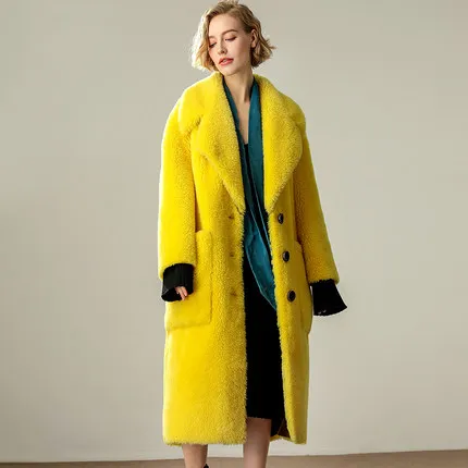 Yellow Высококачественное зимнее длинное пальто с мехом, Женская шерстяная оторочка из овечьей шерсти, куртка, модное женское пальто из овечьей шерсти - Цвет: Yellow