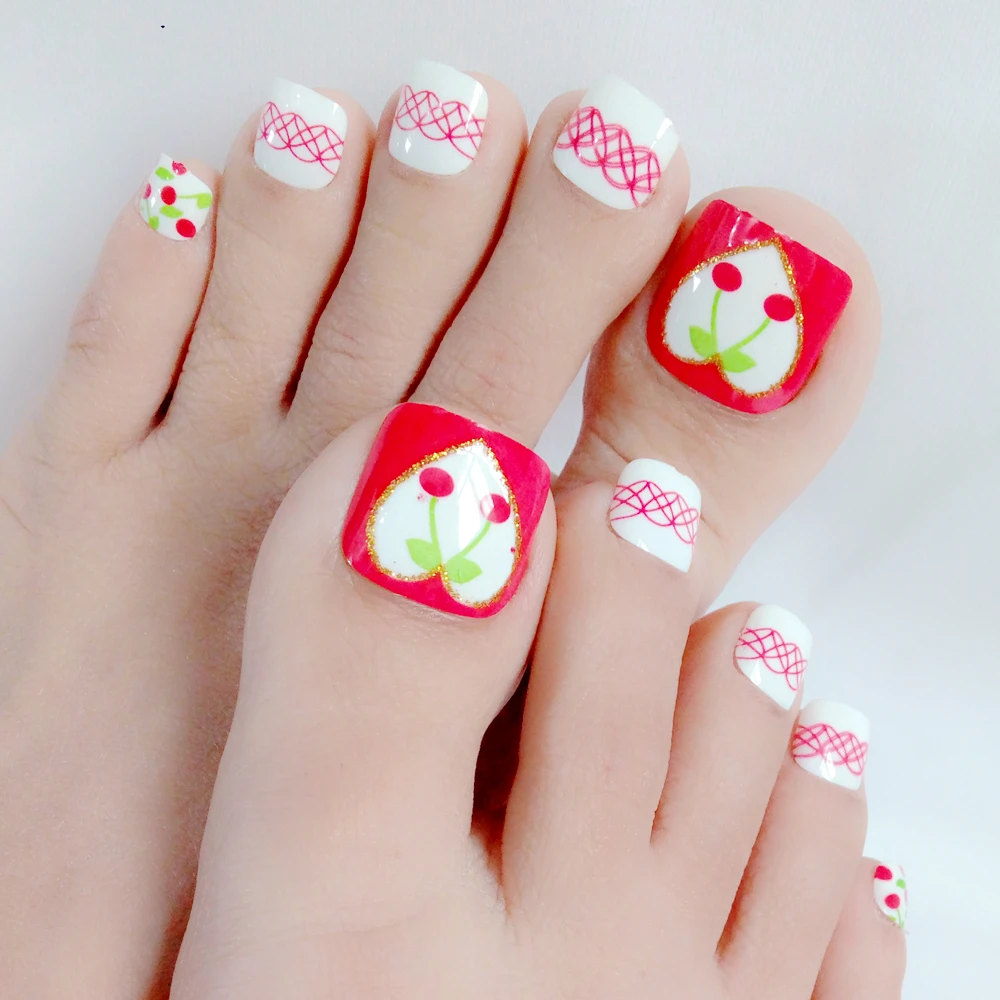 

24Pcs Lovely Cherry Acrylic Fake Toenails Artificial Red Toe Nails With Design DIY Lady Full Cover Tip For Foot Manicure Tool