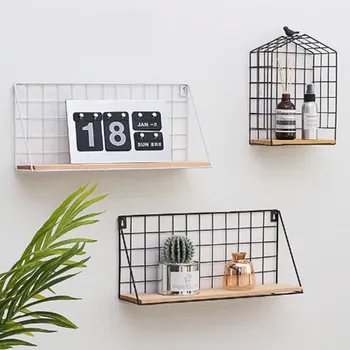 

Solid wood shelf creative wrought iron multi-function storage rack word Nordic simple modern wall wall shelf