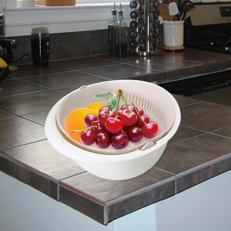 Double Drain Storage Baskets Bowl Kitchen Washing Vegetables Fruit Strainer