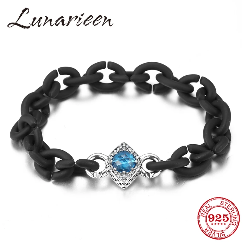 

High quality 925 Sterling Silver Square Blue Zircon charm Beads Hard Rubber Bracelets hand accessories for women jewelry making