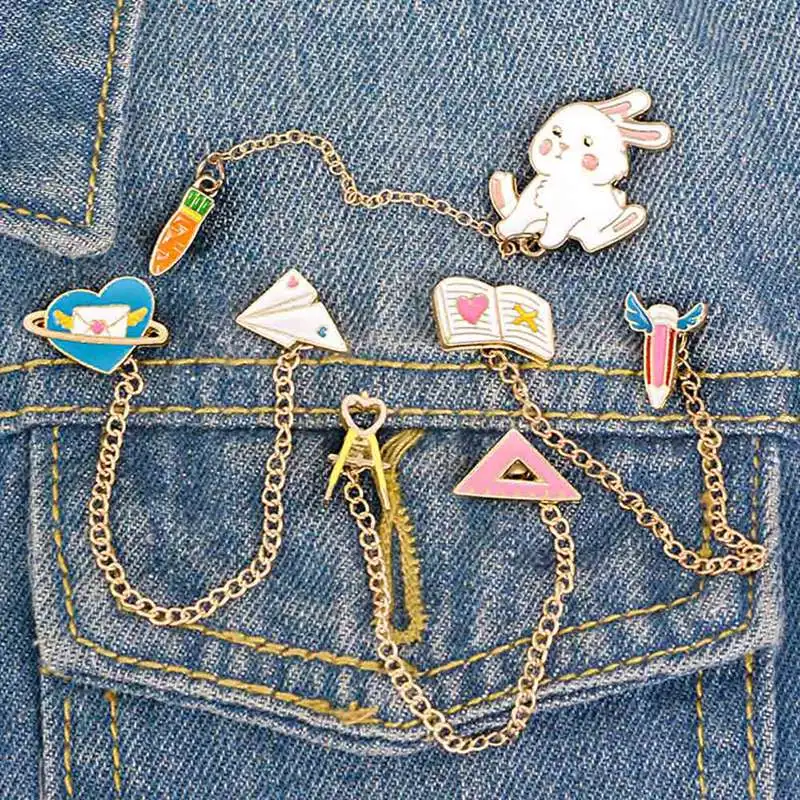 School Life Enamel Pins Chain Rabbit Carrot Pencil Love Letter Plane Badge Brooches Denim Shirt Lapel Pin Custom Jewelry