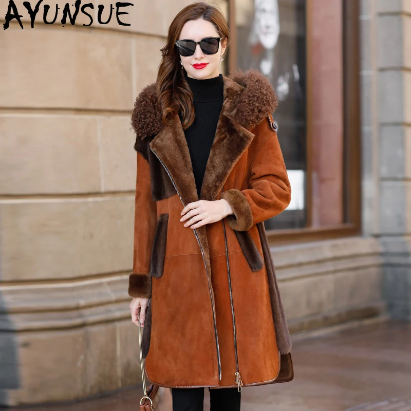 AYUNSUE роскошное двустороннее меховое пальто зимнее женское пальто из натуральной шерсти Меховая куртка Женская норковая шуба из натуральной овчины MY4568