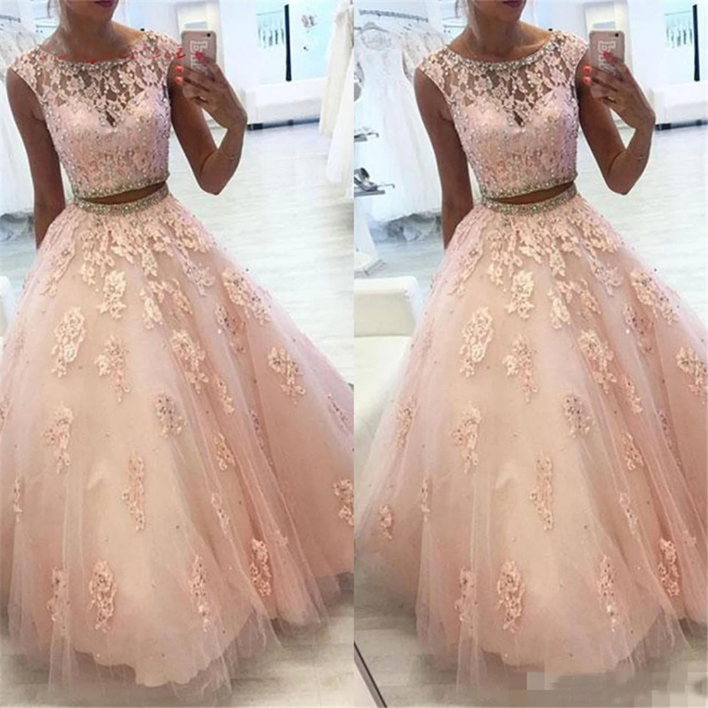 Розовое Кружевное платье Quinceanera бальное с кристаллами и бисером 2 предмета для
