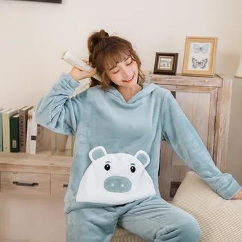 

2PCS Pajamas Suit Female Hooded Nightwear Autumn Winter Sleepwear Flannel Warm Sleep Set Casual Pyjamas Coral Fleece Home Wear