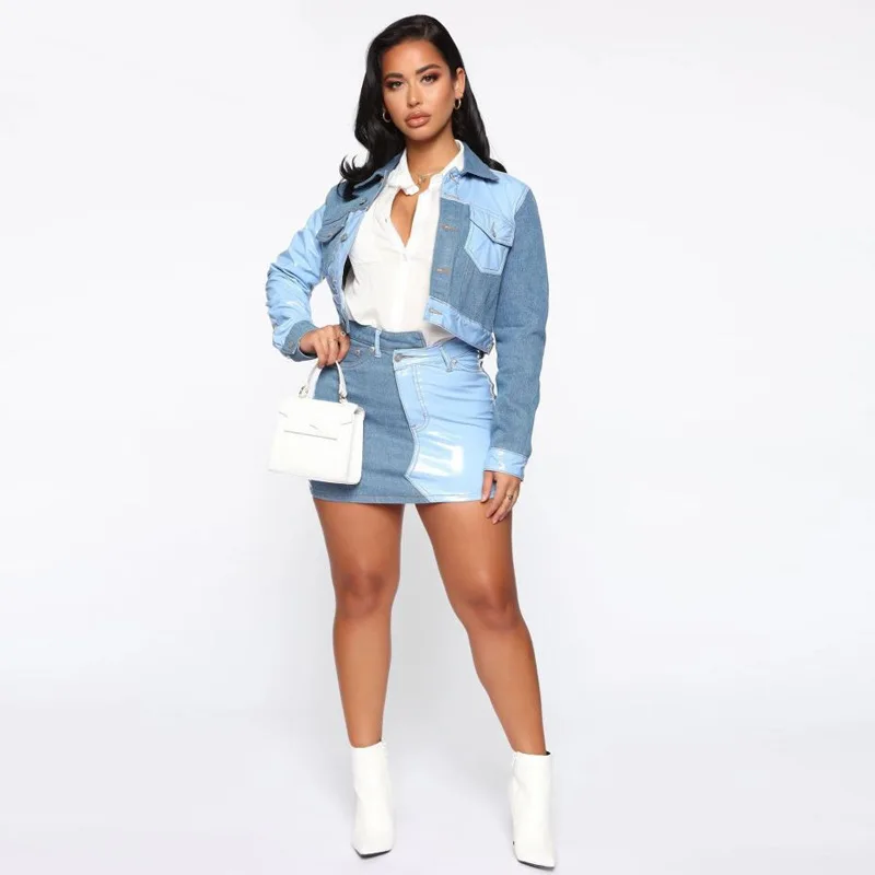 

Adogirl Fashion PU Denim Patchwork Women Set Long Sleeve Short Coat Mini Skirt Suit Two Pieces Set Tracksuits Fashion Streetwear