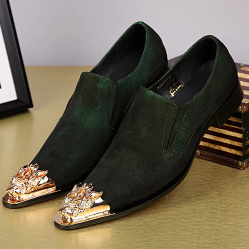 

Christia Bella British Style Male Gold Carving Pointed Toe Shoes Green Suede Leather Man Party Formal Shoes Men's Dress Shoes