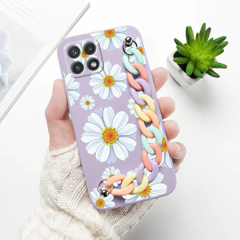 samsung cute phone cover For Samsung A22 Case Phone Back Cover For Samsung Galaxy A22 4G 5G GalaxyA22 A 22 Bumper Soft Silicone Wrist Chain Fundas Flower silicone case for samsung