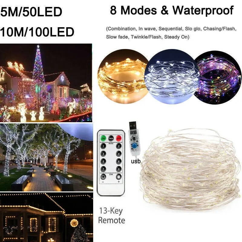

5M/10M 50/100 Led USB Copper Wire Fairy String Lights With Remote Control USB garden light for party wedding Christmas decor