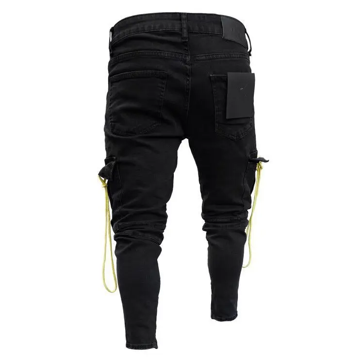 Men Black Cargo Jeans With Pocket Long Slim Fit Denim Pencil Pants Combat Biker Casual Stretch 5