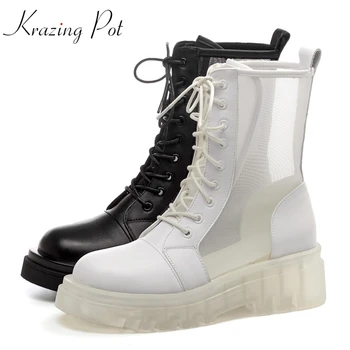 

krazing pot new air mesh breathable high fashion thick high heel autumn shoes round toe lace up daily wear women ankle boots L86