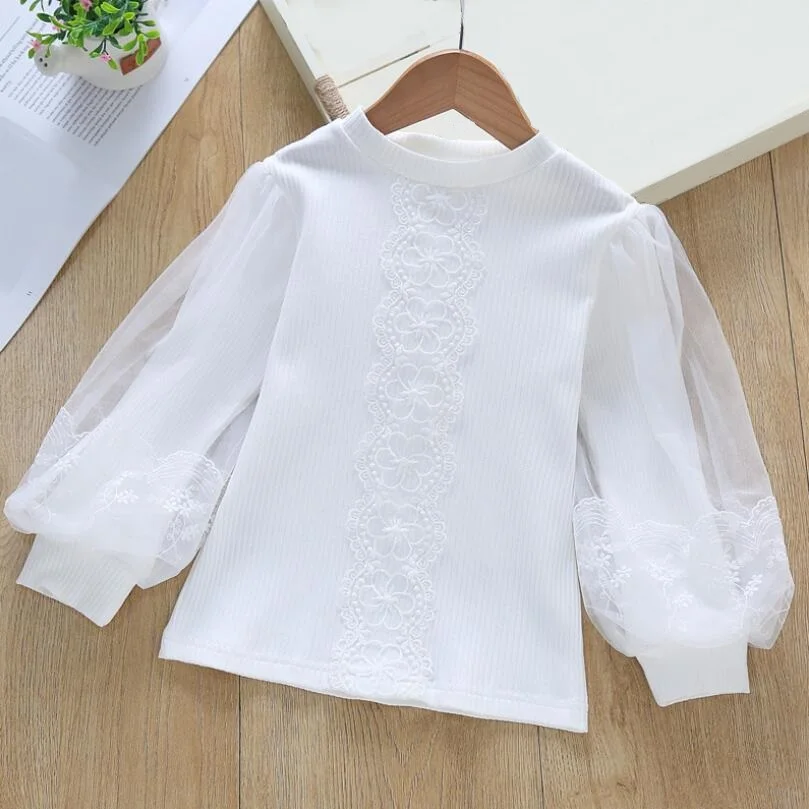 Kids Shirts Autumn Cotton Baby Toddler Teen Princess School Girls Blouse Lace Puff Long Sleeve