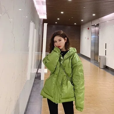 Южная Корея Dongdaemun Стиль Знаменитостей яркая поверхность лакированная кожа Талия обнимает пуховик женский зимний стиль свободный-Fi