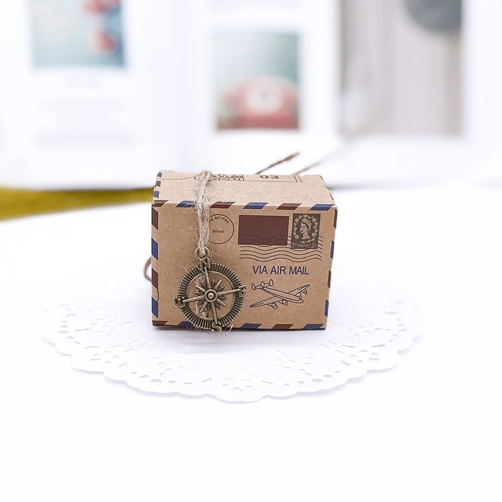 10 шт. винтажная Подарочная коробка для конфет из крафт-бумаги, для путешествий, Авиапочта, подарочные коробки, свадебные сувениры, scatole regalo