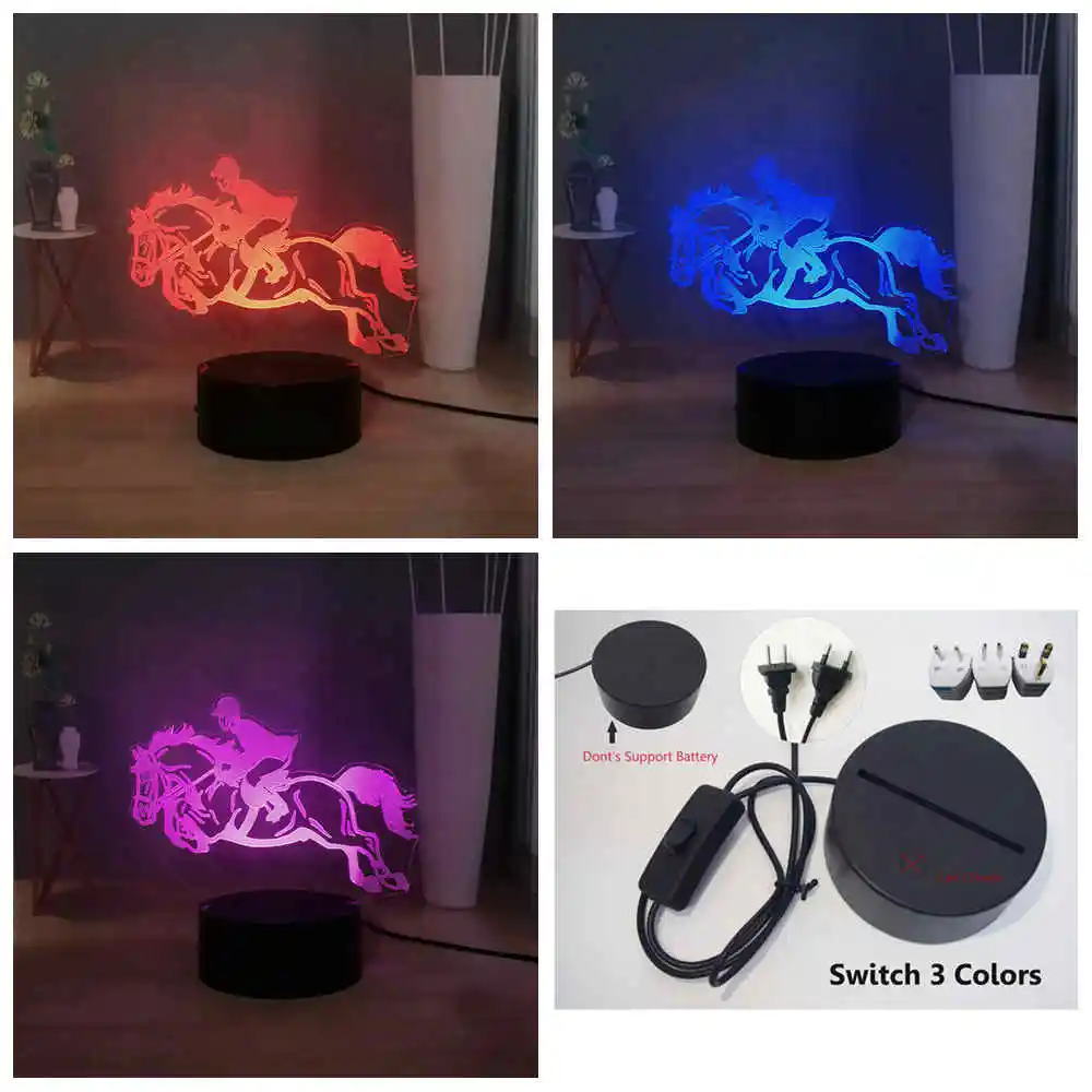Switch 3 colors 3D иллюзия настольная лампа Stero Horse Racing настольная лампа RGB разноцветные конные всадники светодиодный ночник Конный дети мальчики игрушки подарки - Испускаемый цвет: Switch 3 colors
