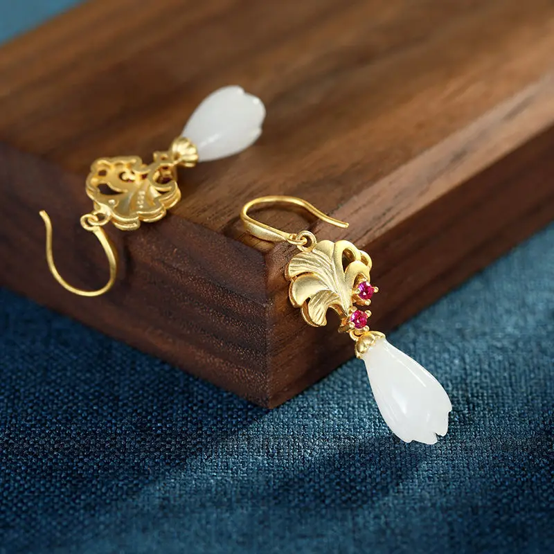 SNew silver inlaid natural Hetian jade earrings Chinese style retro magnolia charm diamond niche design women's brand jewelry |