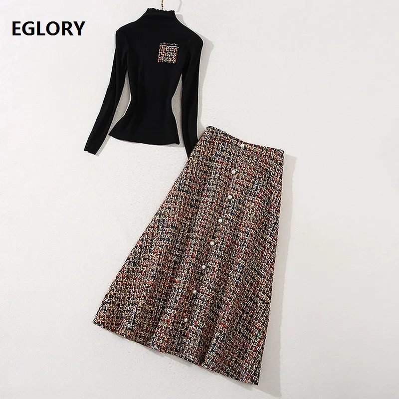 

Turtleneck Sweater Sets 2020 Autumn Winter Warm Wool Suit Women Knitted Black Pullovers+Beading Button Long Wool Skirt Sets 2pc