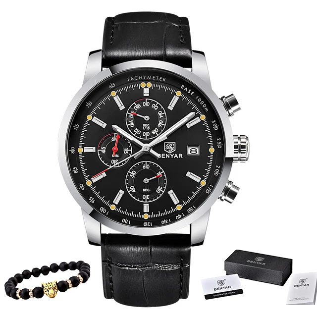BENYAR часы мужские роскошные брендовые кварцевые часы с хронографом модные спортивные автоматические часы с датой кожаные мужские часы Relogio Masculino - Цвет: Black silver