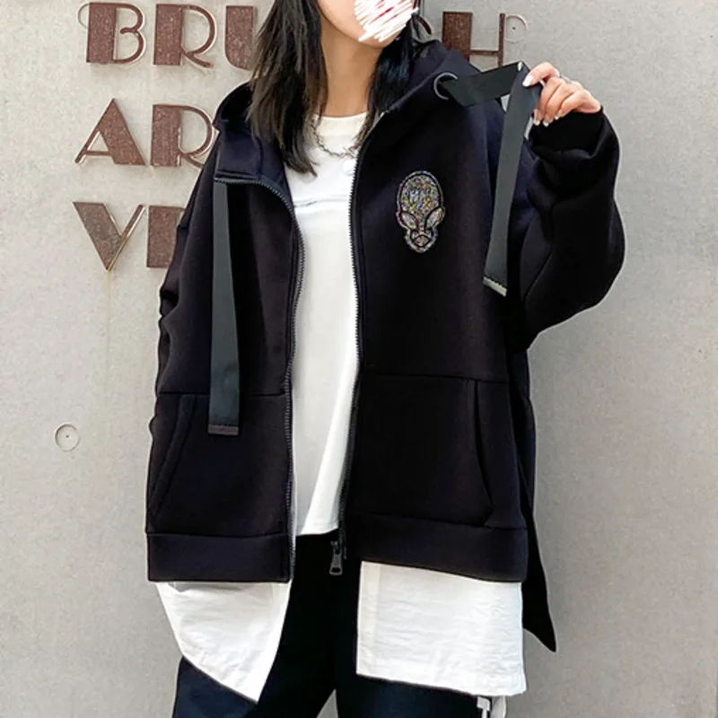 

XUXI Stitching Fake Two-piece Top Women Versatile Fashionable Printing Mid-length Hooded Pullovers Streetwear Autumn 2020 FZ3015