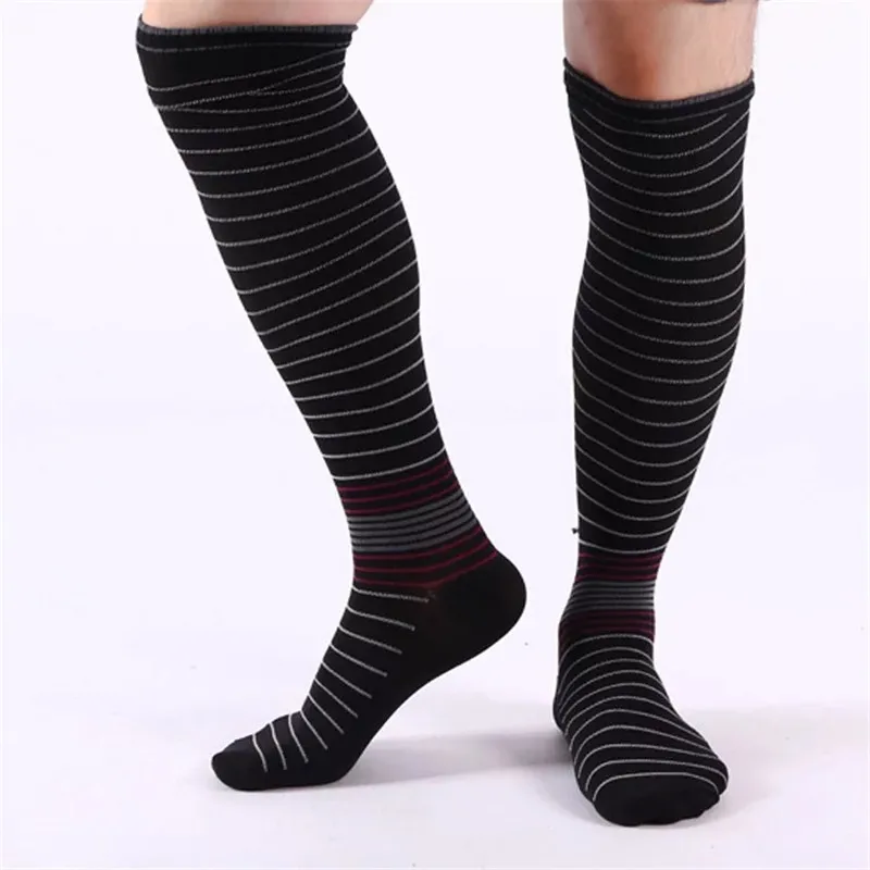 Мужские эластичные Компрессионные носки выше колена в полоску спортивные длинные носки до лодыжки, coolmax быстросохнущие носки