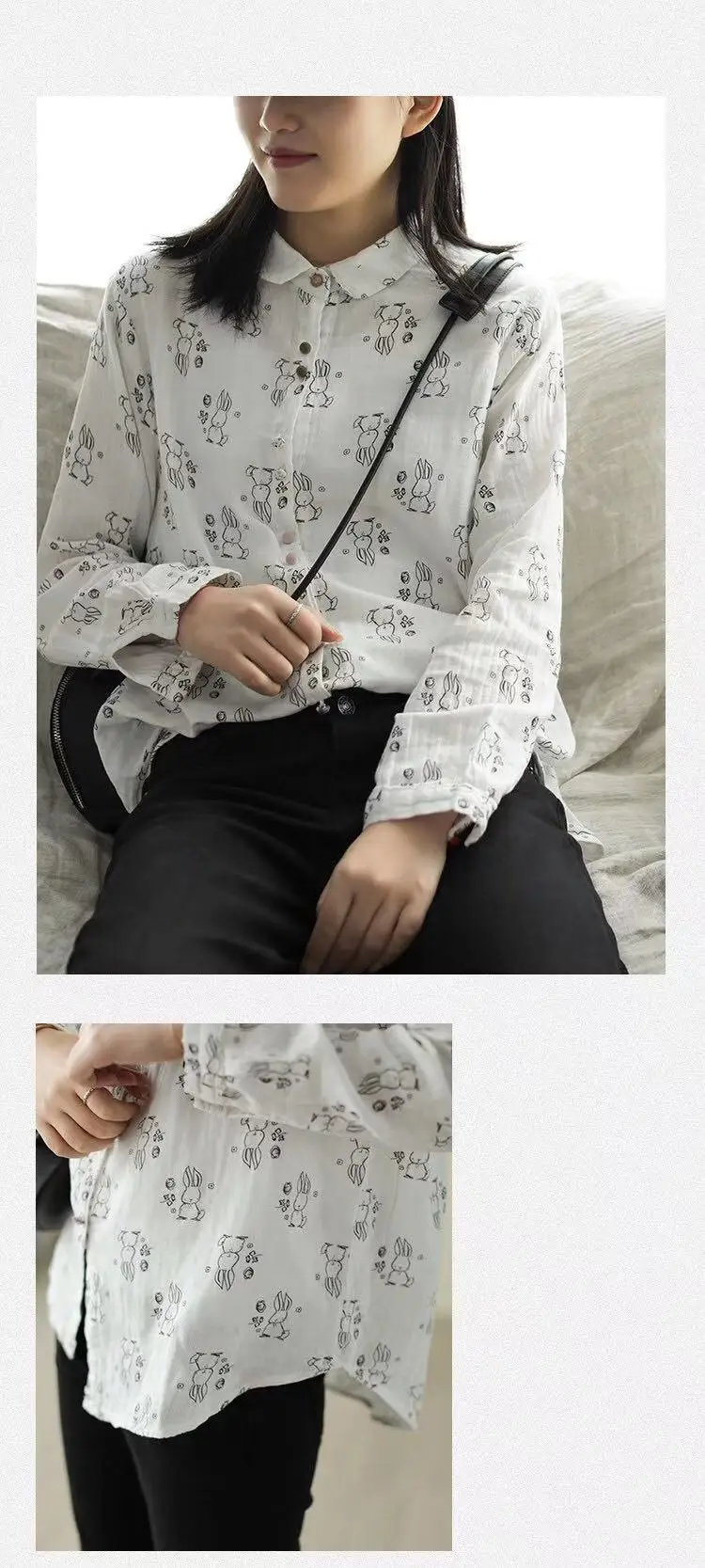 Double-layer cotton retro printed shirt female spring new white shirt loose literary long-sleeved shirt 3215
