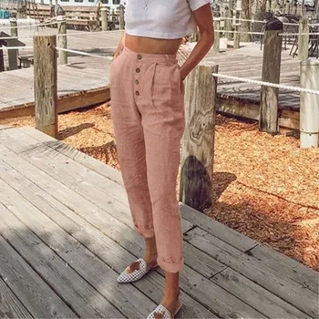 

GAOKE New Women Harem Pants Casual High Waist Elastic Pants Button Pocket OL Work Trousers Ankle-length Long Pants