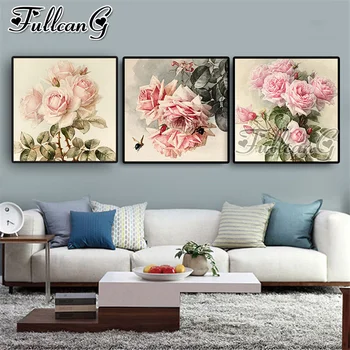 

FULLCANG Pink flower 3 piece diy diamond embroidery rose triptych painting full square round drill 5d mosaic pattern kit FC2400