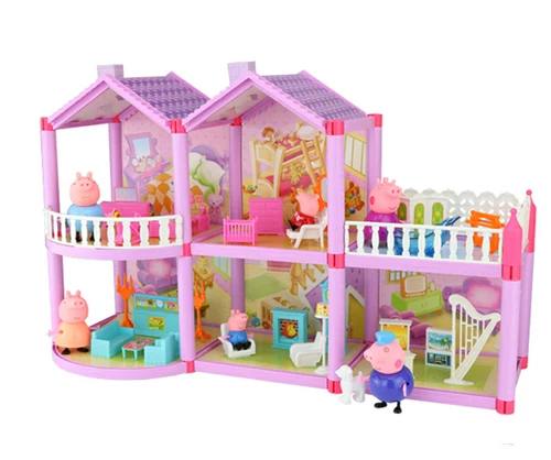 Villa And 6 Pcs Свинка Пеппа, Джордж, мягкая голова, кукла, экшн-игрушка, фигурки с классом, сад, дом, автомобиль, кино, сцена, игра, детские развивающие игрушки - Цвет: Villa And 6 Pcs