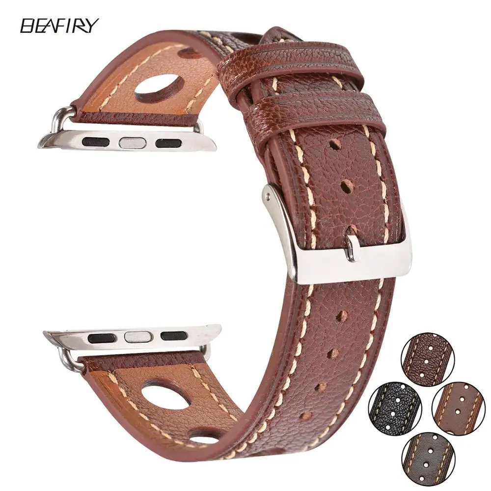 BEAFIRY Hole Design Leather Wristband For Apple Watch band 4 44mm for iwatch Strap 42mm Brown Black for men women Watchband