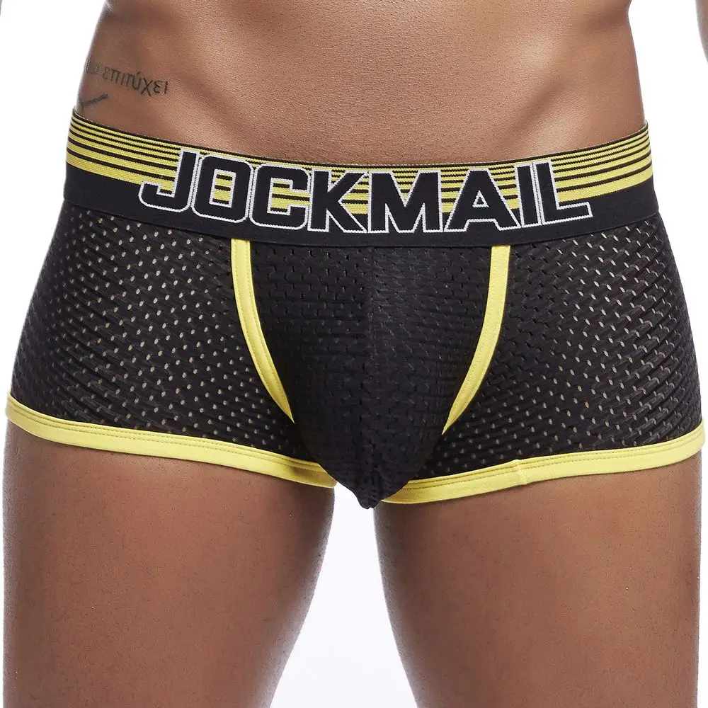 JOCKMAIL, мужские трусы, дышащие боксеры, хлопковое Сетчатое Мужское нижнее белье, u-образный выпуклый мешочек, сексуальные трусы, набивные листья, домашняя одежда, шорты - Цвет: 443 YELLOW