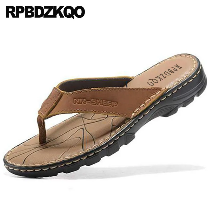 

designer shoes men high quality famous brand native brown summer slides open toe flip flop genuine leather slippers 2019 sandals