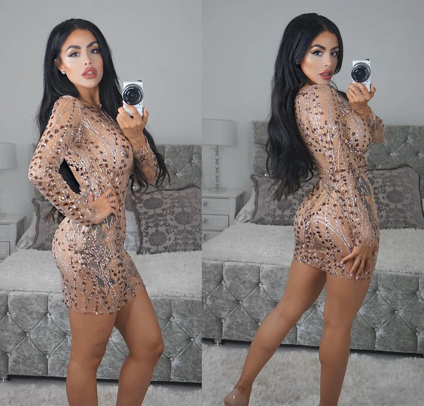 

Fadzeco Women Party Club Dress Sexy Mesh See Through Hot Drilling Sequin Long Sleeve Mini Dress Ladies Bodycon Dress