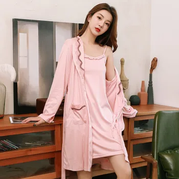 

2020 Solid Color Jacquard Long-Sleeved Kimono Strap Two-Piece Nightgown Lingerie Robe Women Robe Underwear Sexy Nightgrowns