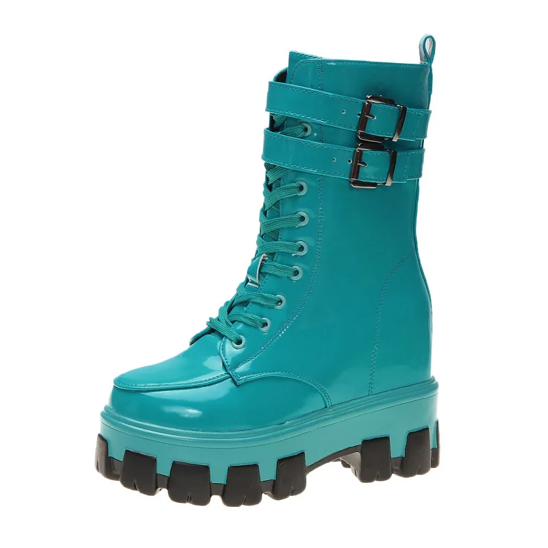 IFOND/Модная обувь на плоской подошве на молнии; женские ботинки из искусственной кожи на платформе и высоком каблуке; водонепроницаемые красочные резиновые сапоги со шнуровкой - Цвет: Зеленый