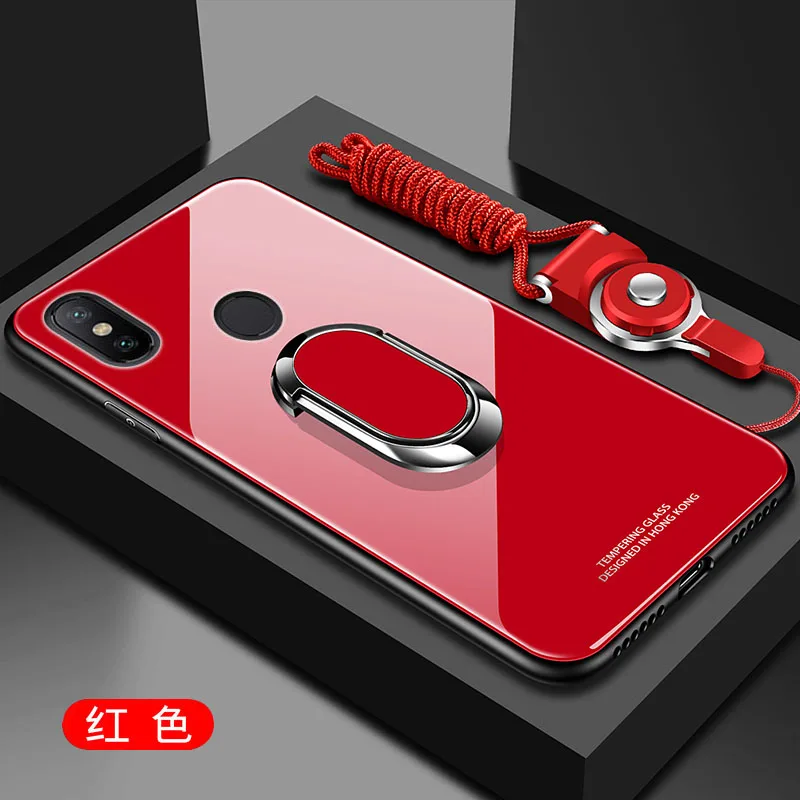 red Stand Ring Magnet Cover For Xiaomi Redmi Note 7 6 5 Pro GO Y7 7A 6A S2 Y2 Case Hard Tempered Glass Protective Back Case Cover - Color: red