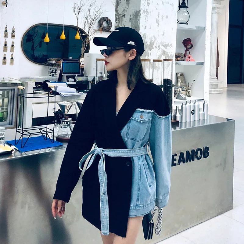 

Fashion Tide Autumn New Fight Denim Tie Rope Suit Female Loose Long Paragraph Lapel Long Sleeve Casual Warm Jacket PB919