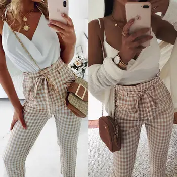 

Fashion Casual Women Bandage Ruffle High Waist Belt Sweatpants Jogger Casual OL Office Long Pencil Pants Check Plaid Trouser