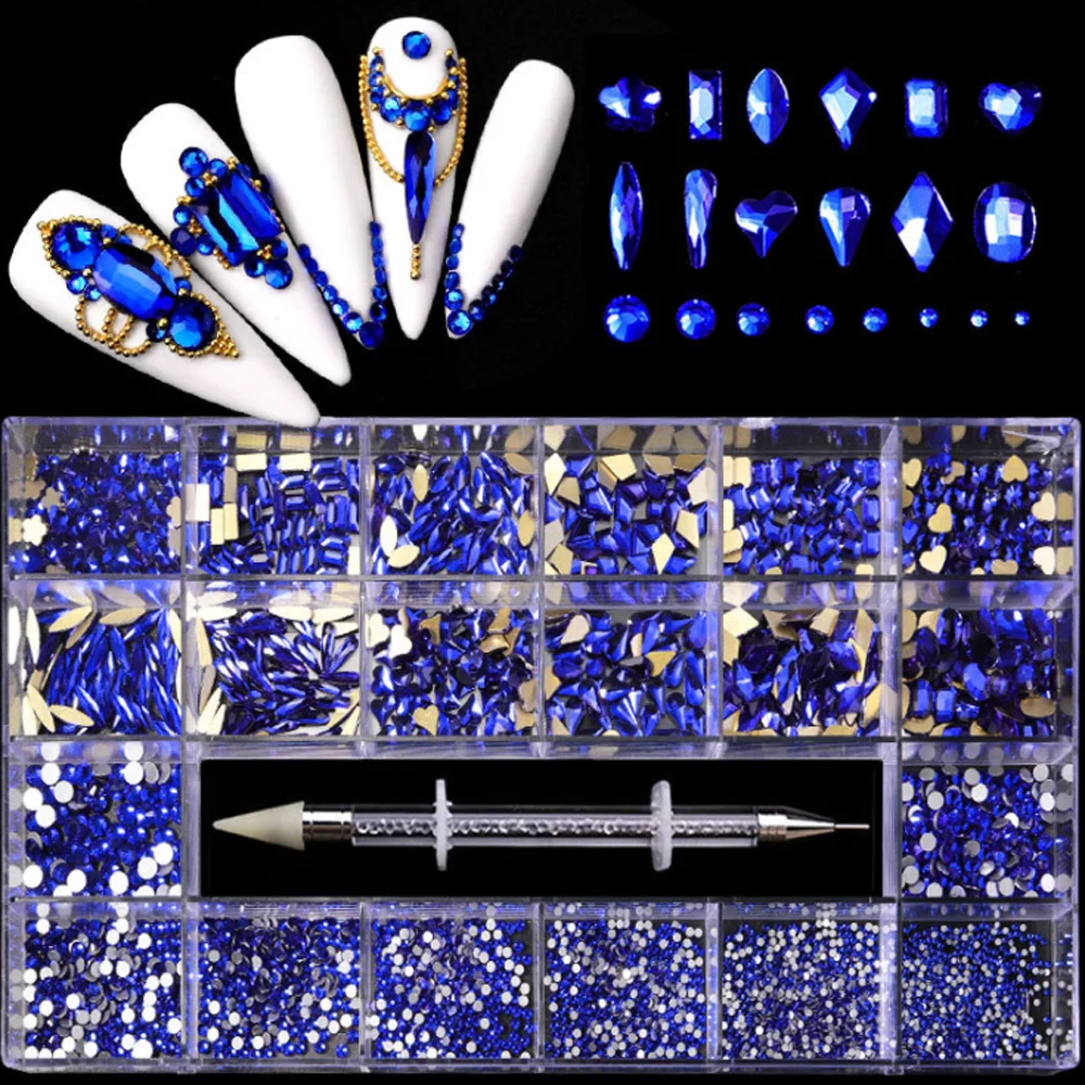 

9240pcs/Box Rhinestone Red/Blue/Gray/Gold Multi Shape+Round Stones Set Picker Wax Pen Flatback Glass Studs Nail Art Decorations